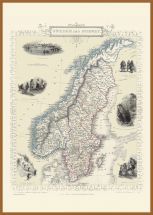 Large Vintage John Tallis Map of Sweden and Norway 1851 (Pinboard & wood frame - Teak)