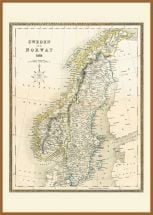 Large Vintage John Tallis Map of Sweden and Norway 1852 (Pinboard & wood frame - Teak)