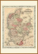 Large Vintage Johnsons Map of Denmark (Pinboard & wood frame - Teak)