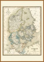 Large Vintage Map of Denmark (Wood Frame - Teak)