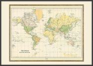 Large Vintage Mercators Projection World Map 1858 (Wood Frame - Black)