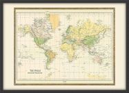 Small Vintage Mercators Projection World Map 1858 (Wood Frame - Black)