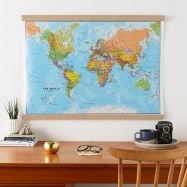 Large World Wall Map Political (Rolled Canvas with Wooden Hanging Bars)