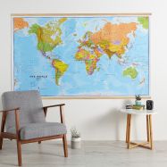 Huge World Wall Map Political (Wooden hanging bars)