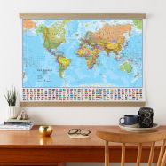 Large World Wall Map Political with flags (Wooden hanging bars)