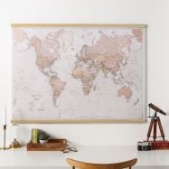 Large Antique World Map (Rolled Canvas with Wooden Hanging Bars)