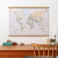 Large Classic World Map (Rolled Canvas with Wooden Hanging Bars)