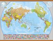 Huge World Pacific-centred Wall Map with flags (Rolled Canvas with Wooden Hanging Bars)