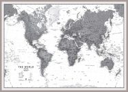 Large World Wall Map Political Black & White (Pinboard & framed - Silver)