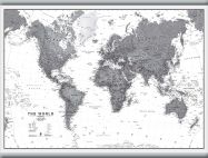 Medium World Wall Map Political Black & White (Hanging bars)