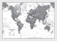 Medium World Wall Map Political Black & White (Pinboard & wood frame - White)