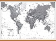 Huge World Wall Map Political Black & White (Rolled Canvas with Wooden Hanging Bars)