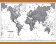 Medium World Wall Map Political Black & White (Wooden hanging bars)
