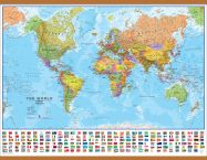 Large World Wall Map Political with flags (Rolled Canvas with Wooden Hanging Bars)