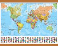 Medium World Wall Map Political with flags (Rolled Canvas with Wooden Hanging Bars)