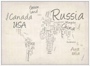 Large Writing Text Map of the World (Pinboard & wood frame - White)
