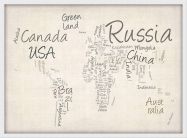 Small Writing Text Map of the World (Pinboard & wood frame - White)