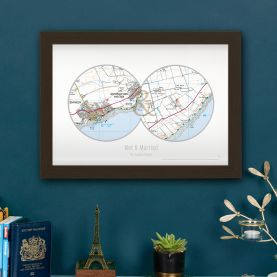 Personalised Postcodes Two Circle Locations Map Print (Wood Frame - Black)
