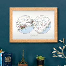 Personalised Postcodes Two Circle Locations Map Print (Wood Frame - Oak Style)