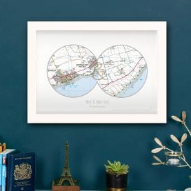Personalised Postcodes Two Circle Locations Map Print (Wood Frame - White)