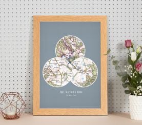Personalised Postcodes Three Circle Locations Map Print (Wood Frame - Oak Style)