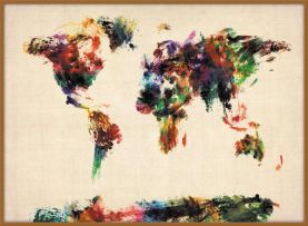 Large Abstract Painting Map of the World  (Wood Frame - Teak)