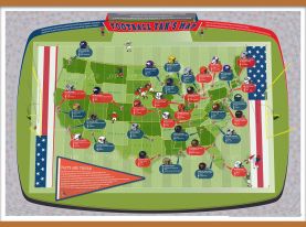 Large American Football Stadiums Map (Rolled Canvas with Wooden Hanging Bars)
