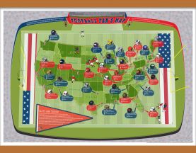 Medium American Football Stadiums Map (Rolled Canvas with Wooden Hanging Bars)