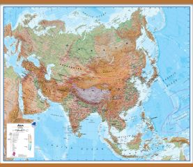Large Asia Wall Map Physical (Wooden hanging bars)