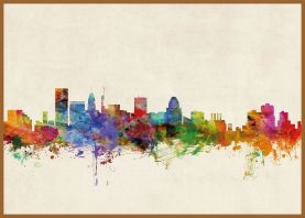Large Baltimore Maryland Watercolour Skyline (Pinboard & wood frame - Teak)