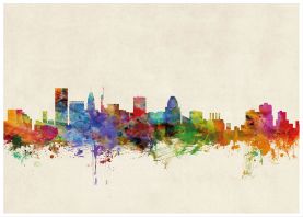 Large Baltimore Maryland Watercolour Skyline (Pinboard & wood frame - White)