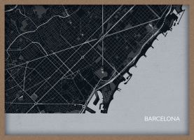 A3 Barcelona City Street Map Print Charcoal (Wood Frame - Oak Style)
