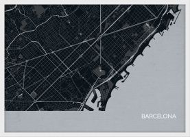 A4 Barcelona City Street Map Print Charcoal (Wood Frame - White)