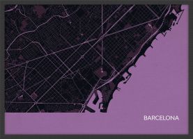 A4 Barcelona City Street Map Print Mauve (Wood Frame - Black)