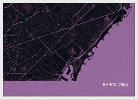 A4 Barcelona City Street Map Print Mauve (Wood Frame - White)