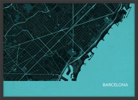 A4 Barcelona City Street Map Print Turquoise (Wood Frame - Black)