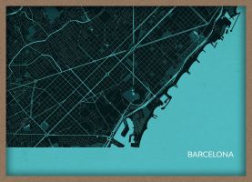 A3 Barcelona City Street Map Print Turquoise (Wood Frame - Oak Style)