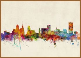 Large Buffalo New York Watercolour Skyline (Pinboard & wood frame - Teak)