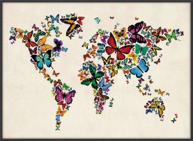 Large Butterflies Map of the World 3 (Canvas Floater Frame - Black)