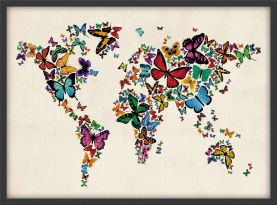 Medium Butterflies Map of the World 3 (Wood Frame - Black)