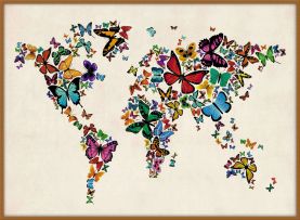 Large Butterflies Map of the World 3 (Wood Frame - Teak)