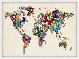 Medium Butterflies Map of the World 3 (Wood Frame - White)