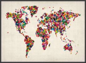 Large Butterflies Map of the World (Canvas Floater Frame - Black)