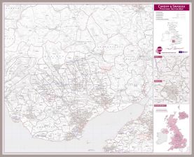 Cardiff and Swansea Postcode Sector Map (Magnetic board mounted and framed - Brushed Aluminium Colour)