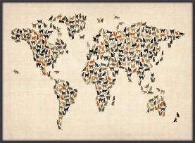 Large Cats Map of the World (Canvas Floater Frame - Black)