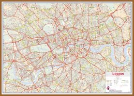 Large Central London street Wall Map (Wood Frame - Teak)
