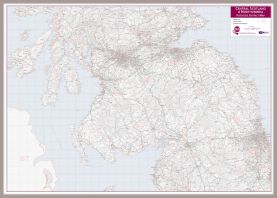 Central Scotland and Northumbria Postcode District Map (Magnetic board mounted and framed - Brushed Aluminium Colour)