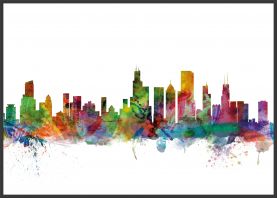 Large Chicago Illinois Watercolour Skyline (Pinboard & wood frame - Black)