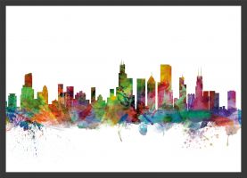 Medium Chicago Illinois Watercolour Skyline (Wood Frame - Black)