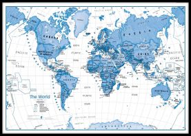 Large Children's Art Map of the World Blue (Canvas Floater Frame - Black)